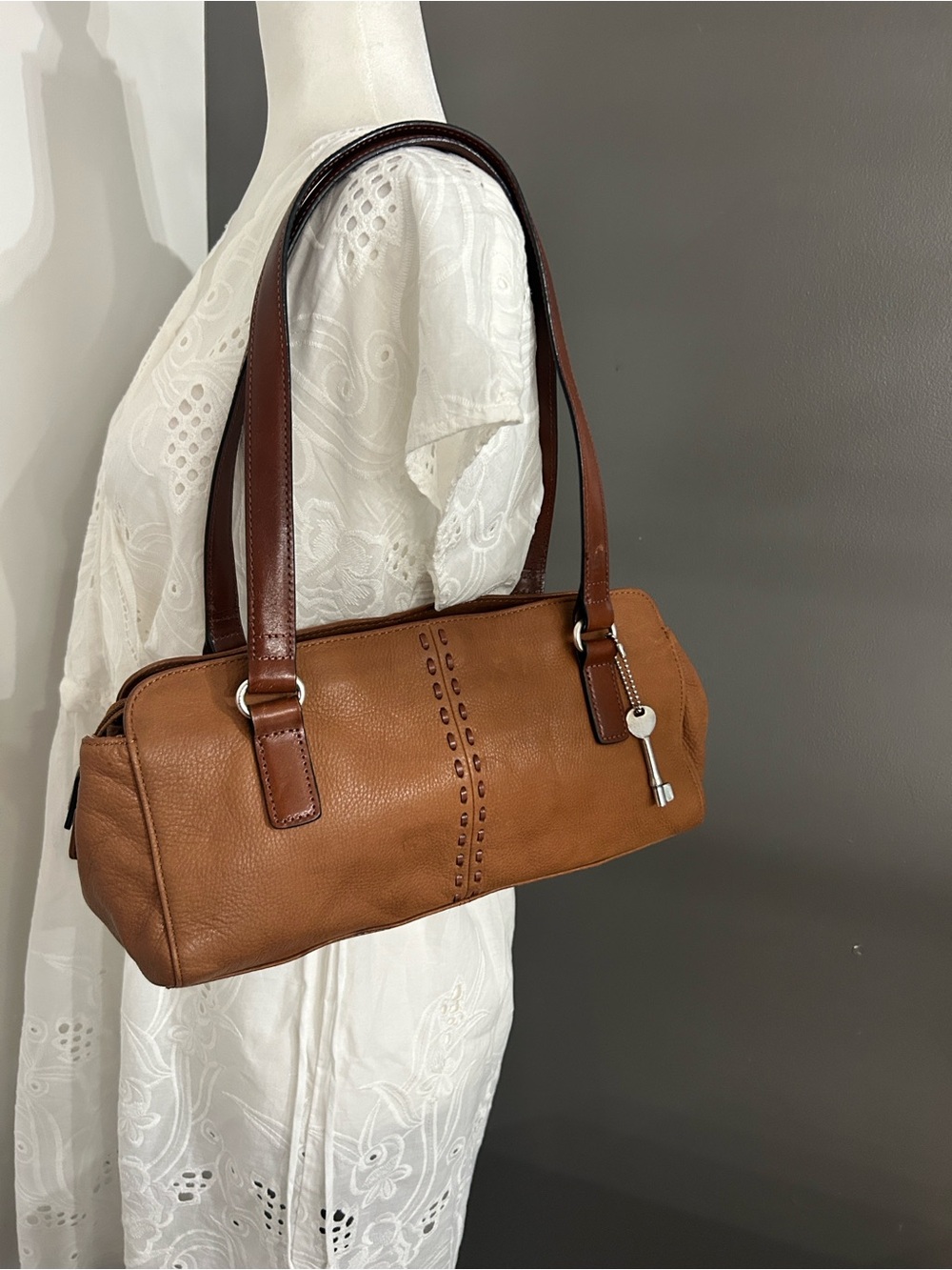 Classic Tan Leather Shoulder Bag with Key Charm